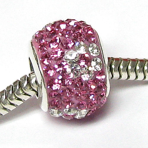 Sterling Silver ROUND WHITE FLOWER W/ PINK Ferido crystals for European Charm Bracelet jewelry