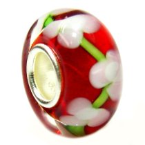 Sterling Silver ROUND Murano Flower Red Glass Bead for European Charm Bracelets