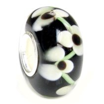 Sterling Silver ROUND Flower Black Murano Glass Bead for European Charm Bracelets