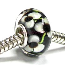 Sterling Silver ROUND Flower Black Murano Glass Bead for European Charm Bracelets