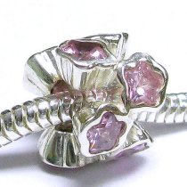 Sterling Silver FLOWER Bead w/ Pink Rose October Birthstone CZ for European Charm Bracelets
