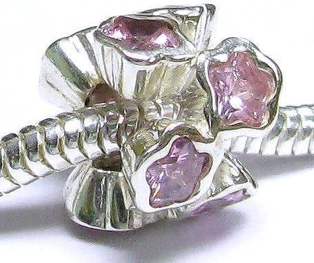 Queenberry .925 Sterling Silver Flower Bead W/Pink Rose October Birthstone Cz for European Charm Bracelets