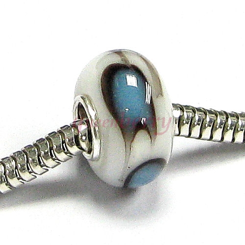 Sterling Silver Abstract ROUND White Lampwork Murano Glass Bead for European Charm Bracelets