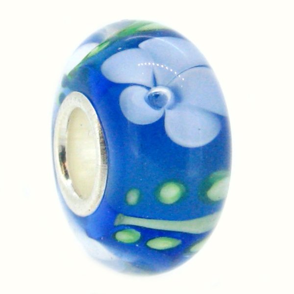Sterling Silver Blue Murano FLOWER Lampwork Glass Bead for European Charm Bracelets