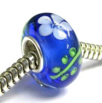 Sterling Silver Blue Murano FLOWER Lampwork Glass Bead for European Charm Bracelets