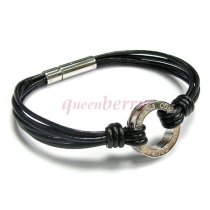 Stainless. Steel Dream Come True Black Leather Cord 2mm Circular Clasp Wristband Bracelets 8"
