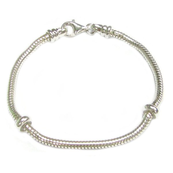 Sterling Silver 3mm CAPRICE SNAKE Bracelet W/ 2pcs of Rubber Stoppers for European Charm of Pandora Troll Chamilia Biagi European Jewelry 7.5"