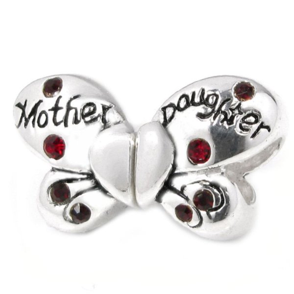 Sterling Silver Butterfly Mother Daughter Love Heart Red CZ Bead for Pandora Troll Chamilia Biagi European Charm Bracelet
