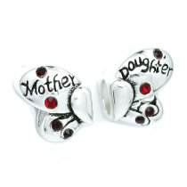 Sterling Silver Butterfly Mother Daughter Love Heart Red CZ Bead for Pandora Troll Chamilia Biagi European Charm Bracelet