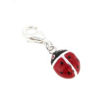 STERLING SILVER Red Black Lady Bug Ladybug Enamel Dangle Charm Pendant for European Clip on Charm Jewelry w/ lobster clasp