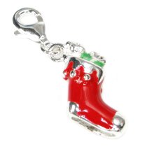 STERLING SILVER 3-D Christmas Gift Sock Red Green Enamel Dangle Pendant for European Clip on Charm Jewelry w/ Lobster Clasp