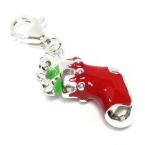 STERLING SILVER 3-D Christmas Gift Sock Red Green Enamel Dangle Pendant for European Clip on Charm Jewelry w/ Lobster Clasp