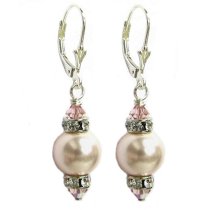 10mm Rosaline Pink Genuine Swarovski Pearl And Swarovski Crystals Silver Leverback 1.5″ Long Drop Earrings