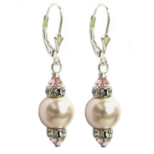 10mm Rosaline Pink Genuine Swarovski Pearl And Swarovski Crystals Silver Leverback 1.5" Long Drop Earrings