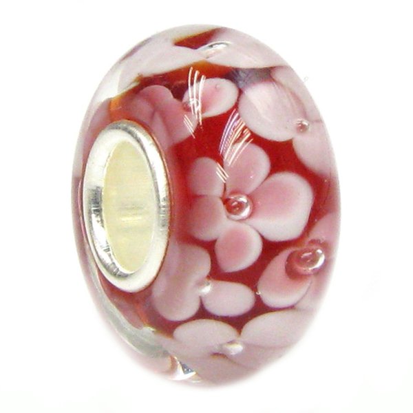 Sterling Silver Round Murano Pink RED Glass FLOWER Bead for European Charm Bracelets 12mm