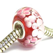 Sterling Silver Round Murano Pink RED Glass FLOWER Bead for European Charm Bracelets 12mm