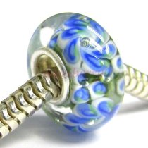 Sterling Silver Murano Flower Green Blue Lampwork Glass Bead for European Charm Bracelets 12.5mm