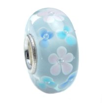 Sterling Silver ROUND Murano Flower Sky Blue Lampwork Glass Bead for European Charm Bracelets