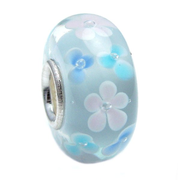 Sterling Silver ROUND Murano Flower Sky Blue Lampwork Glass Bead for European Charm Bracelets