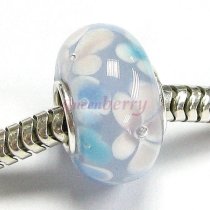 Sterling Silver ROUND Murano Flower Sky Blue Lampwork Glass Bead for European Charm Bracelets