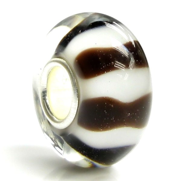 Sterling Silver Brown & white Glass Lampwork Bead for European Charm Bracelets 12.5mm