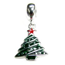 STERLING SILVER Christmas Tree Dangle Enamel CHARM Pendant for European Style Charm