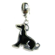 STERLING SILVER Black Dog Enamel Dangle Bead Pendant for European Charm Bracelets
