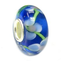 Sterling Silver ROUND Flower Blue Murano Glass Bead for European Charm Bracelets