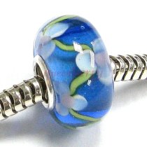 Sterling Silver ROUND Flower Blue Murano Glass Bead for European Charm Bracelets
