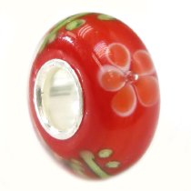 Sterling Silver ROUND Murano Flower Red Lampwork Glass Bead for European Charm Bracelets