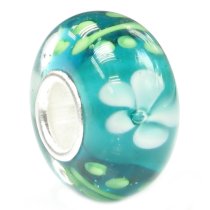 Sterling Silver ROUND Murano Flower Green Glass Bead for European Charm Bracelets