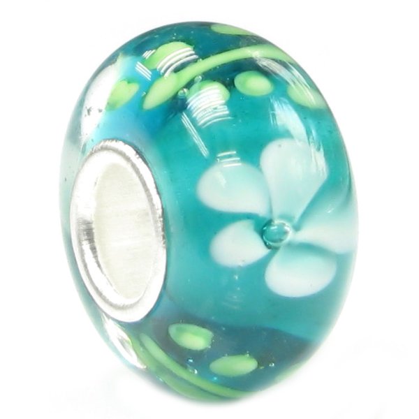 Sterling Silver ROUND Murano Flower Green Glass Bead for European Charm Bracelets