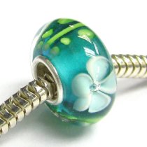 Sterling Silver ROUND Murano Flower Green Glass Bead for European Charm Bracelets