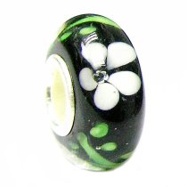 Sterling Silver ROUND Murano Flower Black Lampwork Glass Bead for European Charm Bracelets