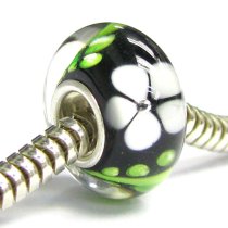 Sterling Silver ROUND Murano Flower Black Lampwork Glass Bead for European Charm Bracelets