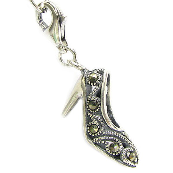 STERLING SILVER MARCASITE 3D High Heel shoe Dangle CHARM Pendant for European Lobster Clip on Charm