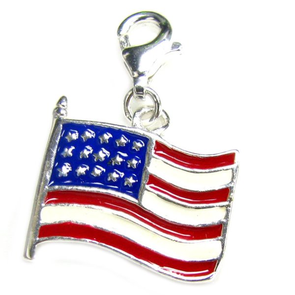 STERLING SILVER AMERICA FLAG Enamel God Bless America CHARM Pendant for European Lobster Clip on Charm