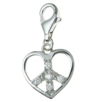 Sterling Silver FILIGREE Love HEART PEACE clear CZ Dangle Pendant Charm for European Lobster Clip on Bracelets