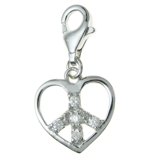Sterling Silver FILIGREE Love HEART PEACE clear CZ Dangle Pendant Charm for European Lobster Clip on Bracelets