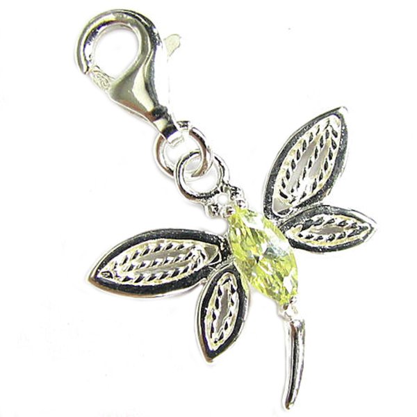 Sterling Silver Green Dragonfly CZ Crystal Dangle Pendant for European Lobster Clip on Bracelets