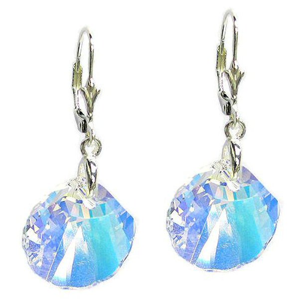 Seashell Genuine Swarovski Crystals Sterling Silver Leverback 1.5" Dangle Earrings