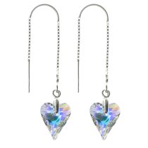 Heart Clear AB Genuine Swarovski Crystals Sterling Silver Thread Dangle Earrings 1.75″
