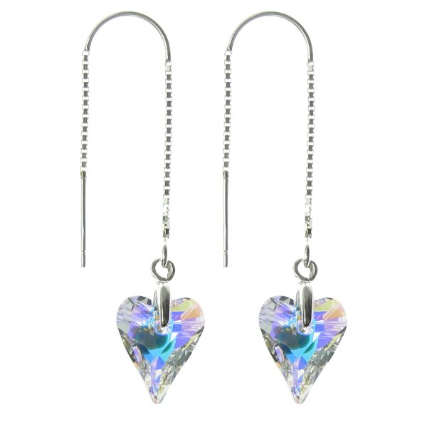 Heart Clear AB Genuine Swarovski Crystals Sterling Silver Thread Dangle Earrings 1.75"