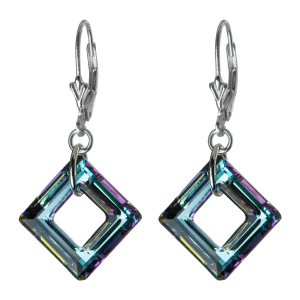 Square Vitrial Light Genuine Swarovski Crystals Sterling Silver Leverback 1.5" Dangle Earrings