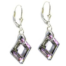 Square Vitrial Light Genuine Swarovski Crystals Sterling Silver Leverback 1.5" Dangle Earrings