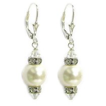 10mm White Genuine Swarovski Pearl And Swarovski Crystals Silver Leverback 1.5″ Long Drop Earrings
