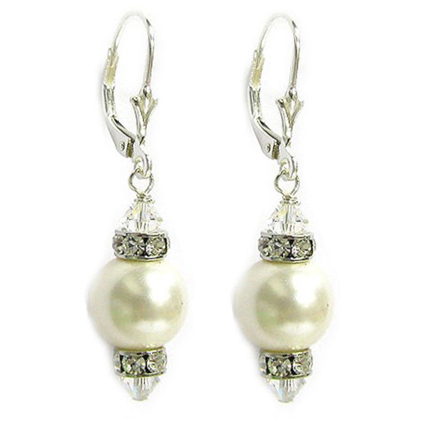 10mm White Genuine Swarovski Pearl And Swarovski Crystals Silver Leverback 1.5" Long Drop Earrings