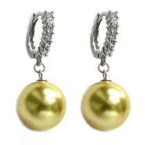 12mm Genuine Swarovski Round Gold Crystal Pearl Sterling Silver CZ Hoop Dangle Earrings