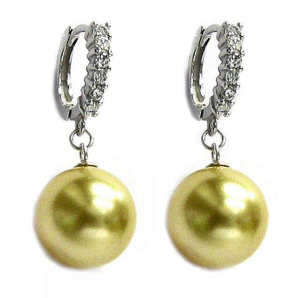 12mm Genuine Swarovski Round Gold Crystal Pearl Sterling Silver CZ Hoop Dangle Earrings