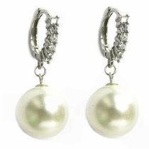 12mm Genuine Swarovski Round White Crystal Pearl Sterling Silver CZ Hoop Dangle Earrings
